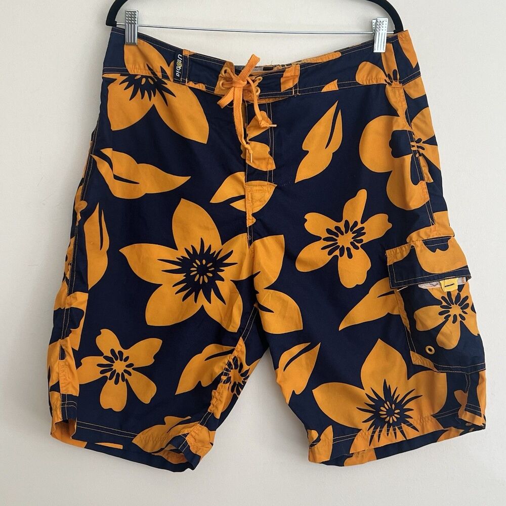 Utobia Mens Cargo Board Shorts Pockets Blue Yellow Floral L